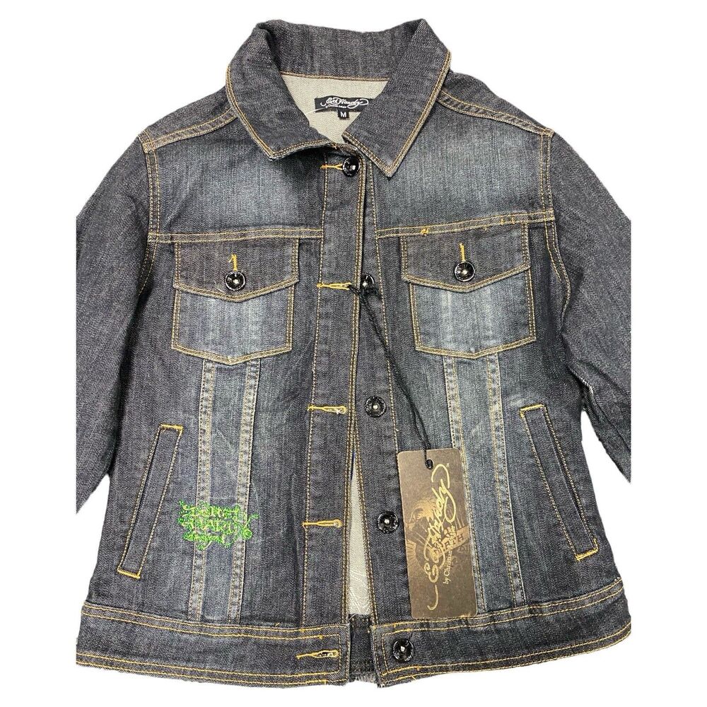 ED HARDY by Christian Audigier Love Rose & Skull Denim Jacket Women Sz Medium - Picture 3 of 7